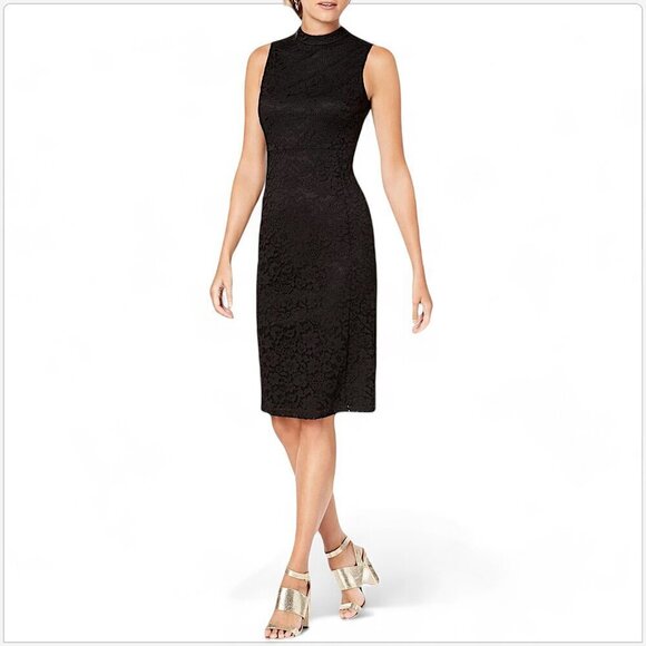 Nine West Black Stretch Lace Mock Neck Fitted Sheath Sleeveless Bodycon Dress 8 - Picture 1 of 5